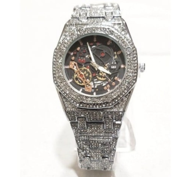 Mens Hip Hop Bling Skeleton Style Simulated Diamond Quartz Movement Iced Watch - Picture 1 of 7